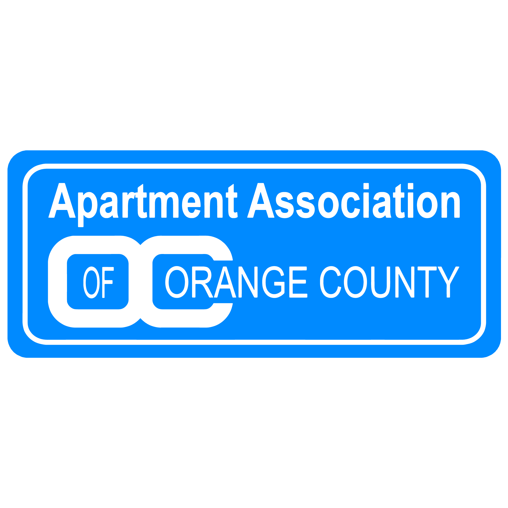 A blue and white sign that says apartment association of orange county.