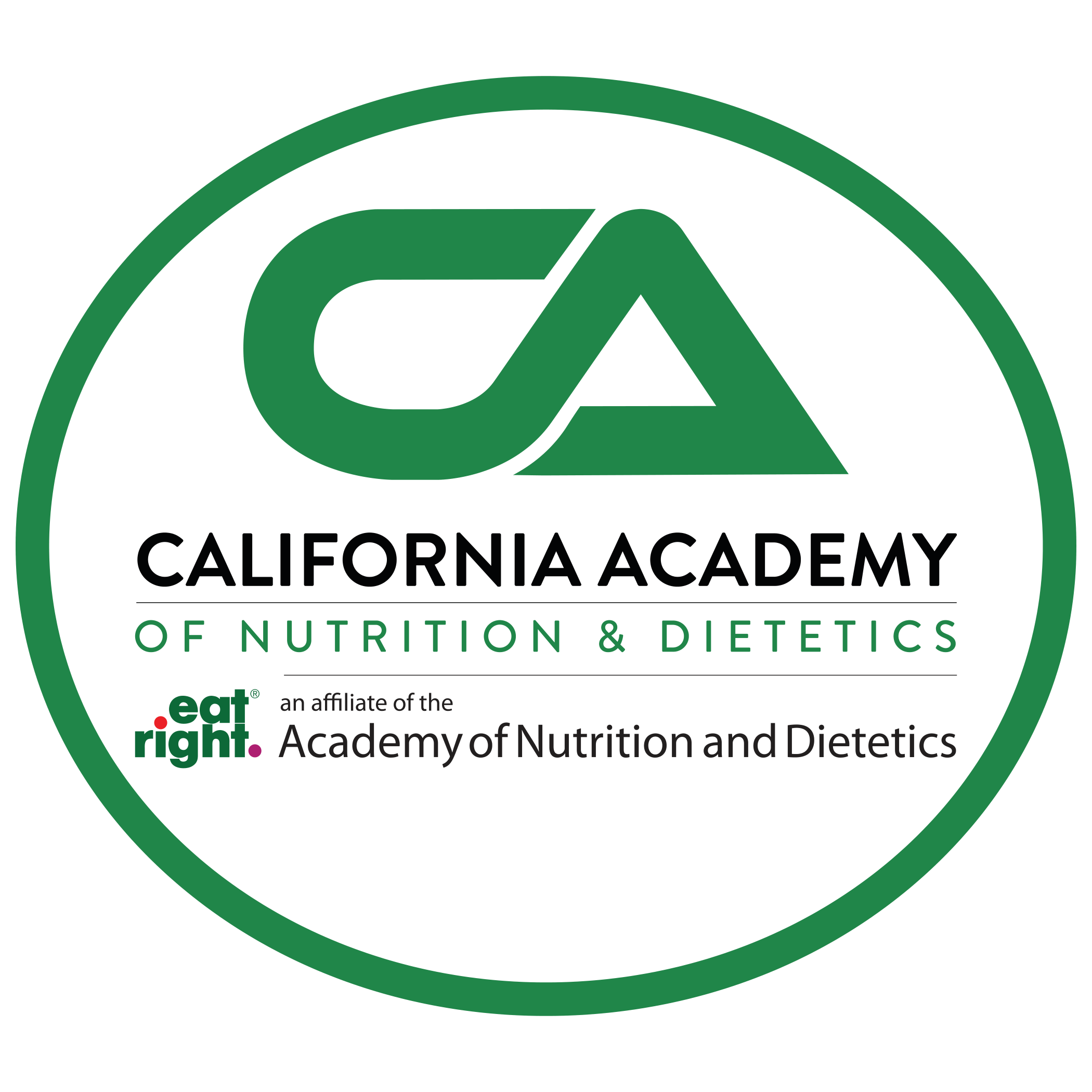 A green circle with the words california academy of nutrition and dietetics in it.