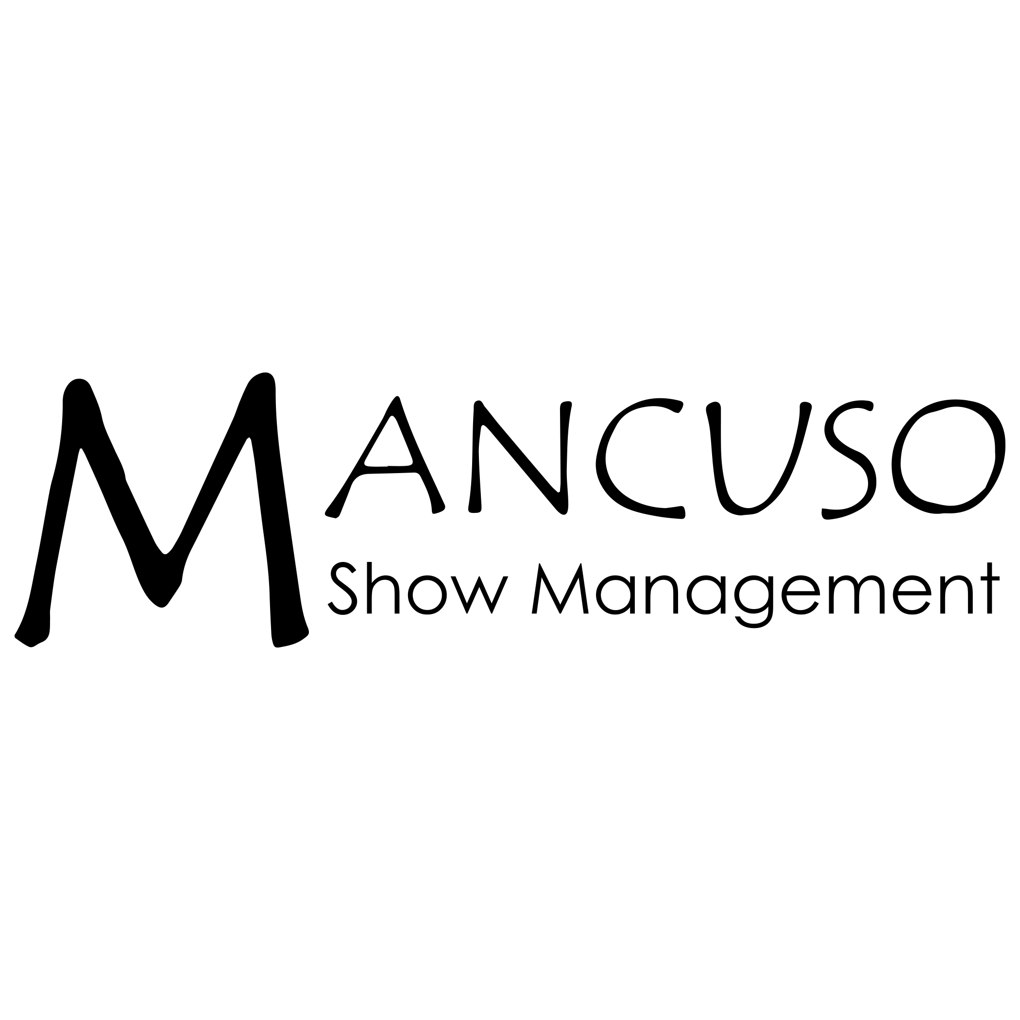 A black and white picture of the mancuso show management logo.
